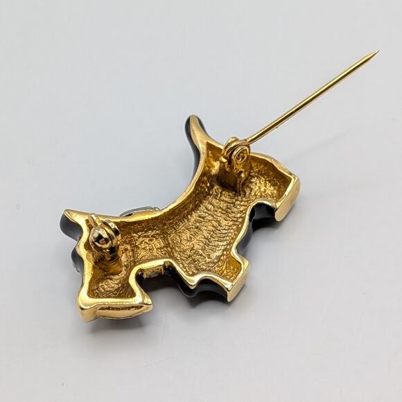 Vintage Black Enamel Scottie Dog Terrier Brooch Pin Rhinestone Bow Collar - Picture 4 of 4